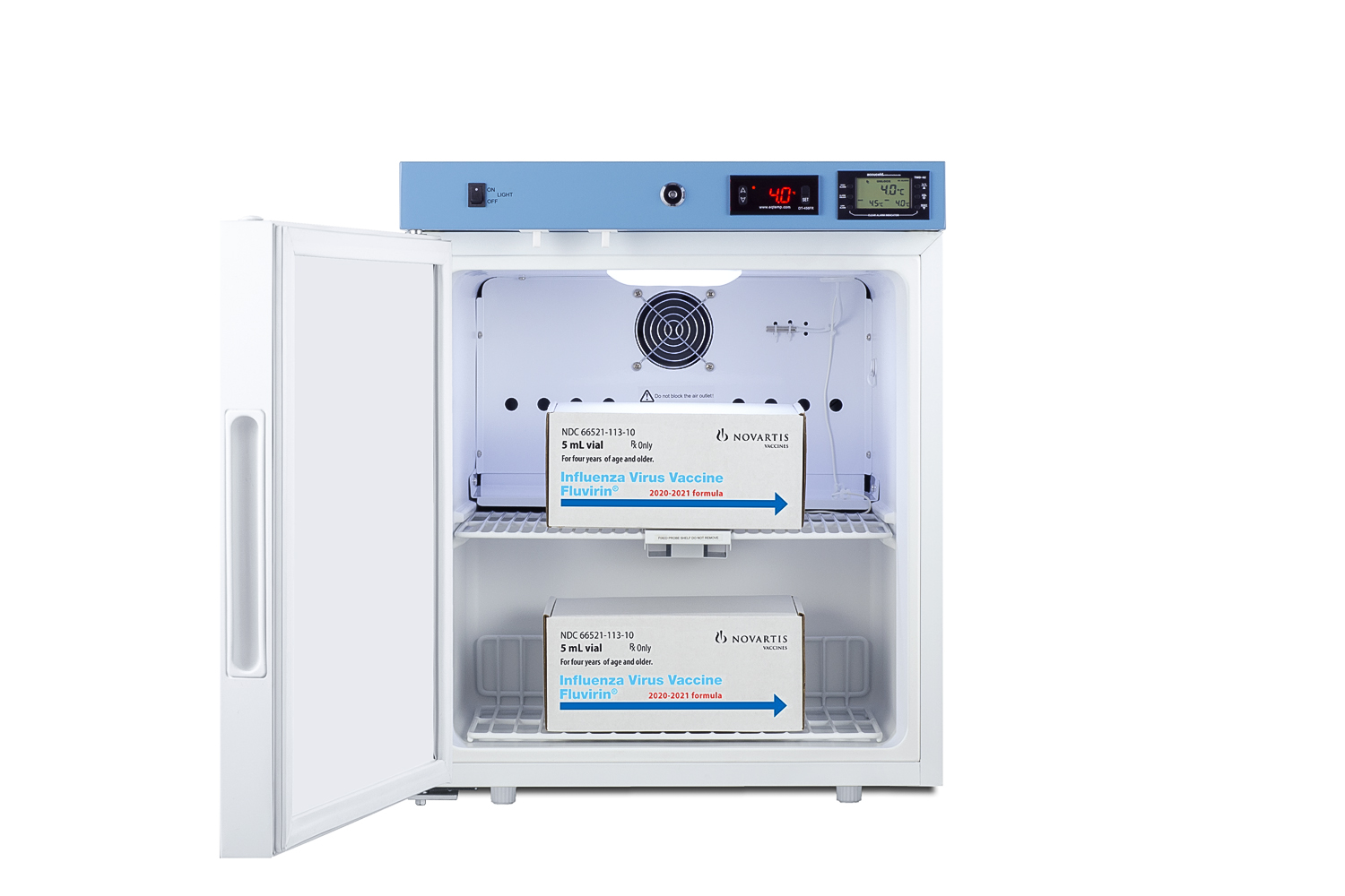 Compact healthcare all-refrigerator certified to NSF/ANSI 456 with self-closing solid door, front lock, digital controls, and NIST-calibrated temperature readout